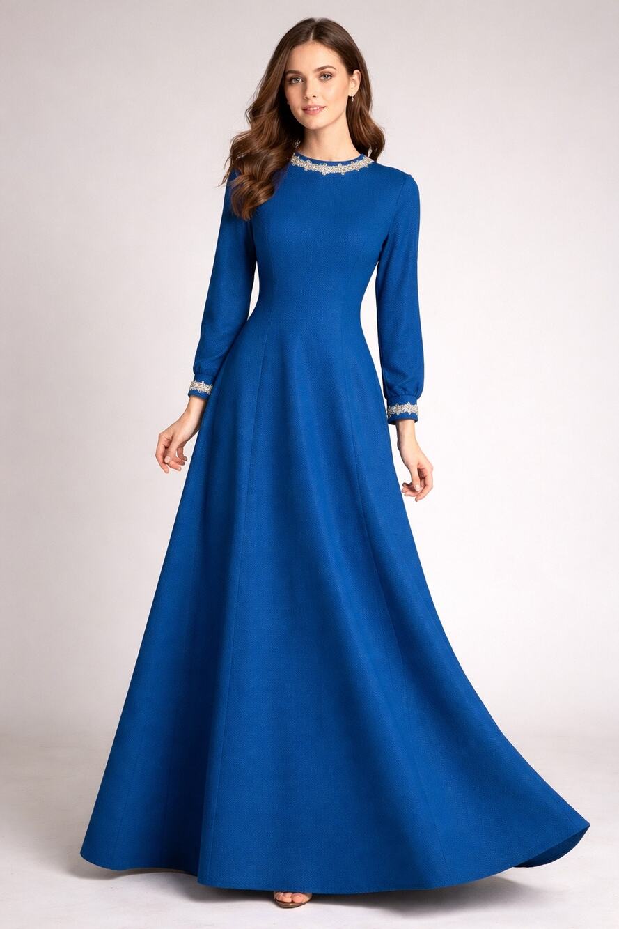 1960s Handmade Cobalt Blue Maxi Dress Embellished Collar Long Sleeve Formal M